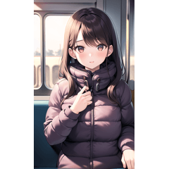 Down jacket girl riding a train