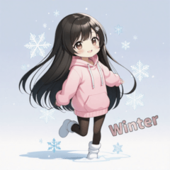 Cute black hair pink hoodie girl winter