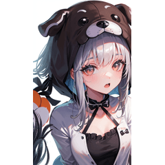 silver-haired girl wearing a dog costume