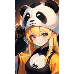 A blonde girl wearing a panda costume