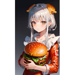 Silver-haired girl in hamburger costume