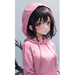 Cute black hair pink hoodie girl sticker