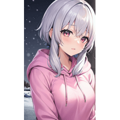 Cute silver hair pink hoodie girl winter