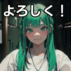 Green hair long girl smile sticker