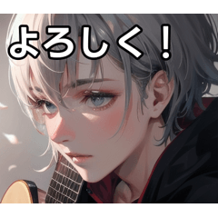 Silver-haired boy playing guitar