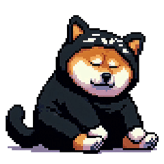 Pixel art black cat fat shiba dog