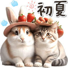 Friendly rabbit and cat in early summer