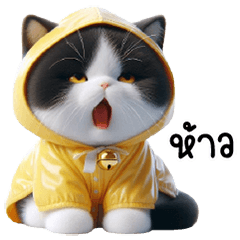 Black and white cat in yellow raincoat
