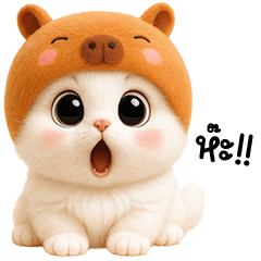 แมวขาวหมวกคาปิบาร่าน่ารัก