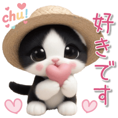 可愛いハチワレ猫 思いやり 麦わら帽 敬語