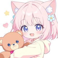 クマ×ピンク猫耳パーカーの女の子スタンプ