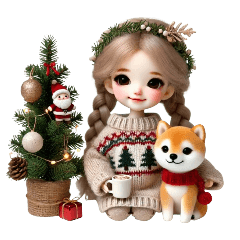 Cute Girl and Shiba Inu - Christmas