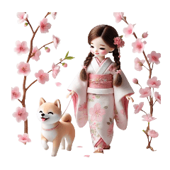 Cute Girl and Shiba Inu - Cherry Blossom