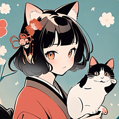 日本動漫 女士 女孩 貓 和服 浴衣 復古的