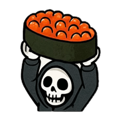 Skeleton Hoodie lifts sushi in the air.