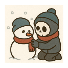 骸骨男、雪だるまを作る。