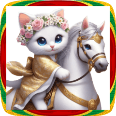 A cute white kitten and  horse