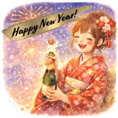 Fluffy Kimono Girl New Year Stickers