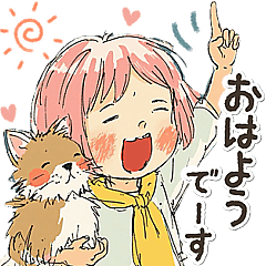 Handwritten style cat and girl caring