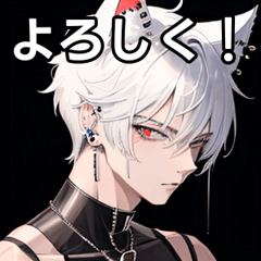 Pierced silver short hair, cat ears boy