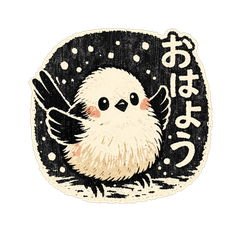 Woodblock Print Style Long-tailed Tit