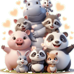 개구쟁이 아기 개구리 가족의 응원과 허그