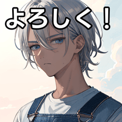 Silver-haired boy in overalls