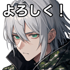 Silver-haired boy in a ghillie jacket