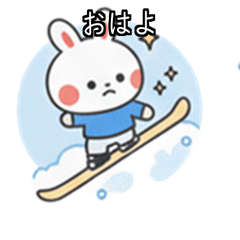 Baby rabbit Marucho riding a snowboard