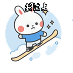 Baby rabbit Marucho riding a snowboard