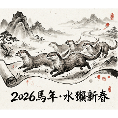 水獺馬年新春水墨畫