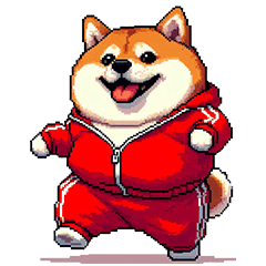 Pixel art red tracksuit fat shiba needy
