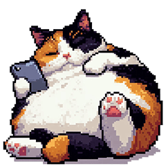 Pixel art lazy fat calico cat
