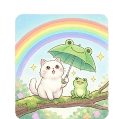 Fluffy White Cat & Frog: Rainy Day Fun