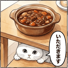 美食貓咪！水彩手繪西餐實用貼圖