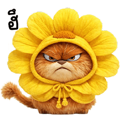Orange cat with sunflower head,