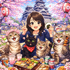 Lively Cherry Blossom Party with Cats