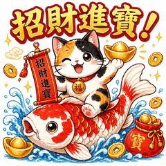 三花貓與錦鯉 開運祝福貼圖