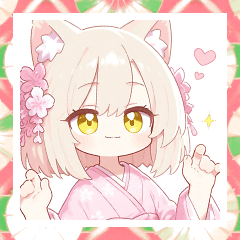 ベージュ猫の着物の女の子スタンプ再販