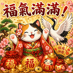 和風三花貓與仙鶴 開運祝福貼圖