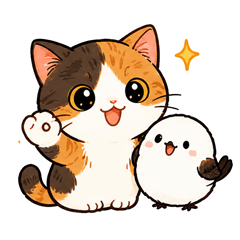 Calico cat and long-tailed tit