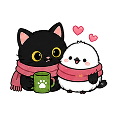 Black cat and long-tailed tit