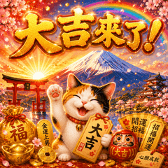三花貓與富士山開運貼圖