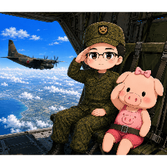 Ground SelfDefense Force officer and pig