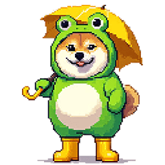 Pixel art rainy frog fat shiba dog