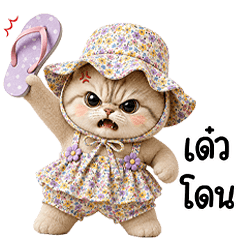 Chubby cute cat in cute purple dress