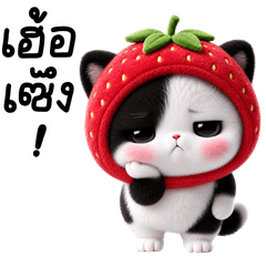 Cute little cat in a strawberry hat.