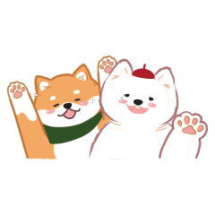 Samoyed in Red Beret and Shiba Inu