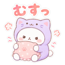 Darudaru Nyanko hugging a cushion and puffing its cheeks angrily. The sticker reads “Hmph.”