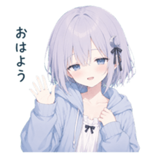 Silver-haired Runa waving good morning. The sticker reads “Good morning.”